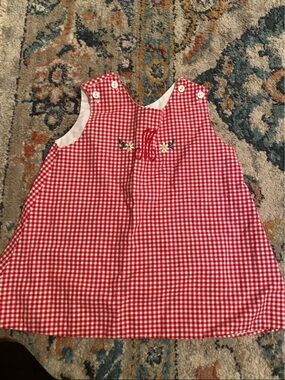 “M” Monogram Red Gingham Sleeveless Sundress with Floral Embroidery